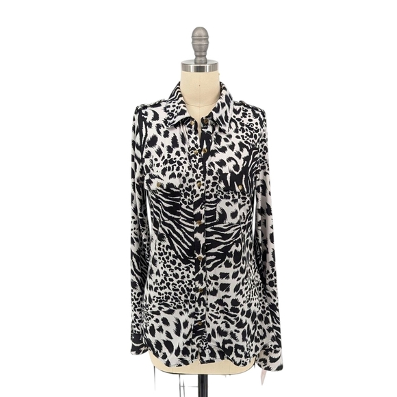 01400 BCBGMaxazria Zebra Print Knit Shirt Black White S animal Business casual - Picture 1 of 8